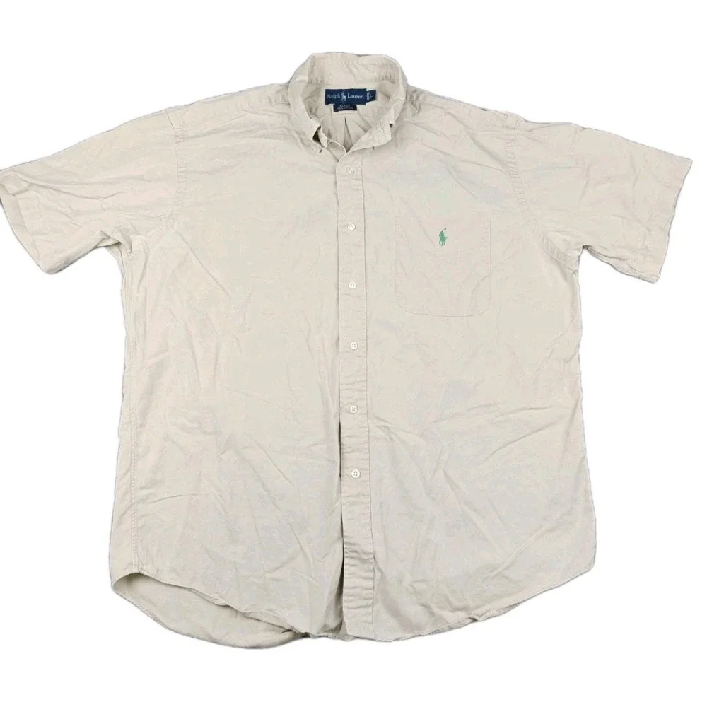 Vintage Polo Ralph Lauren Blake Button Shirt Large Beige Tan Green Pony Outdoors